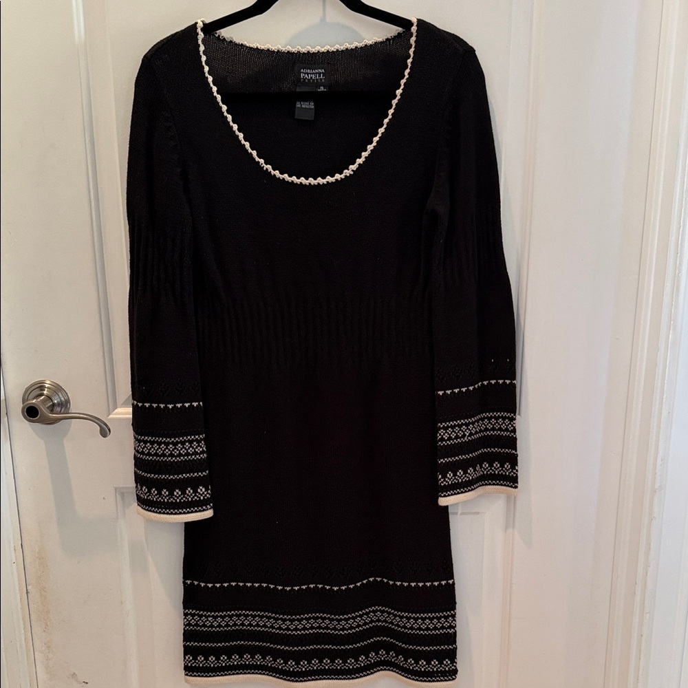 Adrianna Papell Black and Cream Long Sleeve Knit Dress